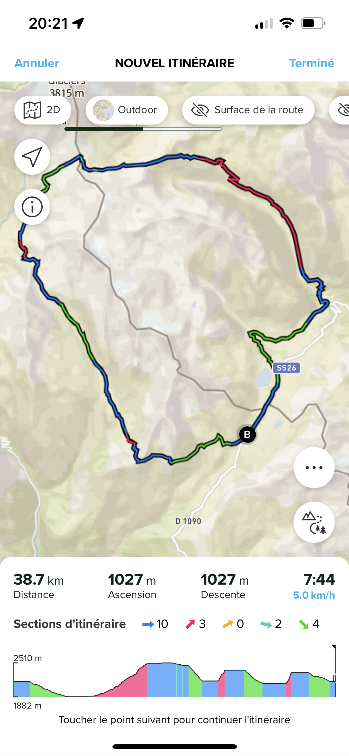 sections d'itinéraire de l'appli