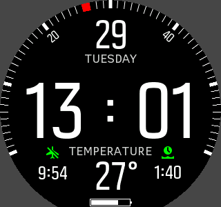 Czas na powierzchni i czas zakazu lotu samolotem w Suunto D5 w widoku zegara