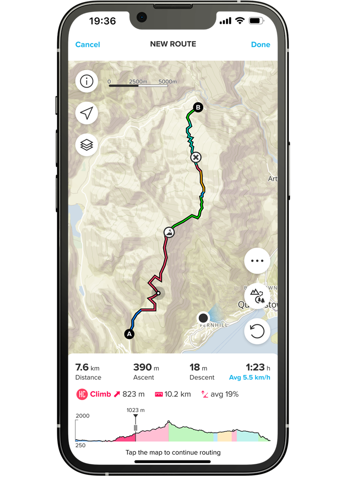 The elevation profile grows in real-time as you plan your route.