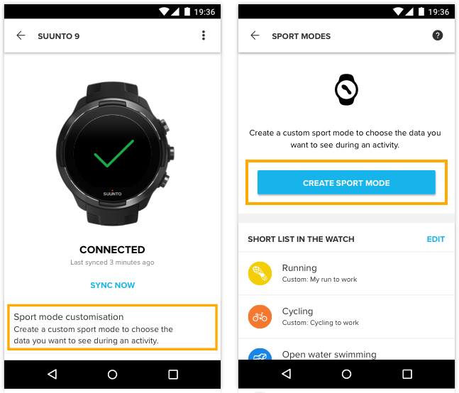 How do I customize sport modes with Suunto app Android